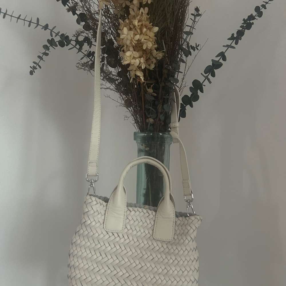 Mango Handwoven Leather Cream Crossbody Tote Bag